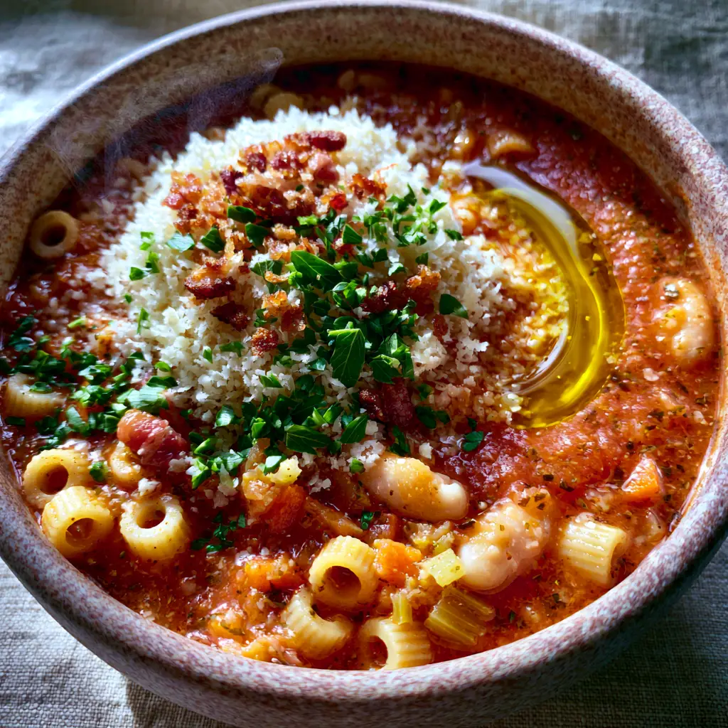 Smartphone photo of Pasta fagioli soup with a glossy swirl of olive oil and steam rising from a matte ceramic bowl.