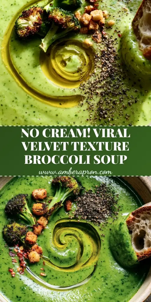 A close-up of a rustic ceramic bowl containing thick Broccoli Potato Soup topped with charred broccoli florets and golden croutons.