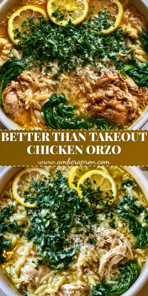 A top-down photo of lemon chicken orzo soup in a white pot, featuring golden broth, shredded chicken, al dente orzo, and vibrant green spinach topped with lemon wheels. (chicken orzo soup)