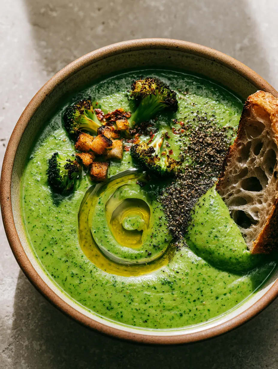 Top-down view of emerald green Broccoli Potato Soup with an olive oil swirl and red pepper flakes garnish.