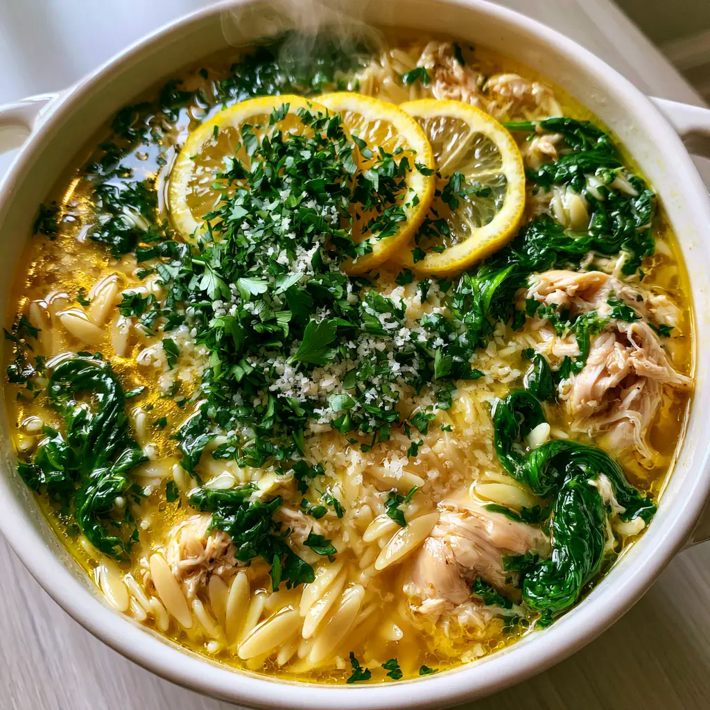 Handheld smartphone photo of a white ceramic dutch oven filled with chicken orzo soup, showing steam rising and fresh parsley. (chicken orzo soup)