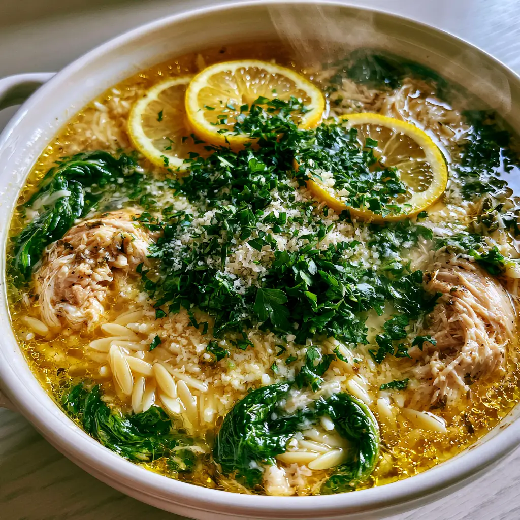 Close up of distinct al dente orzo pearls and shredded chicken submerged in a shimmering golden broth with wilted spinach.
