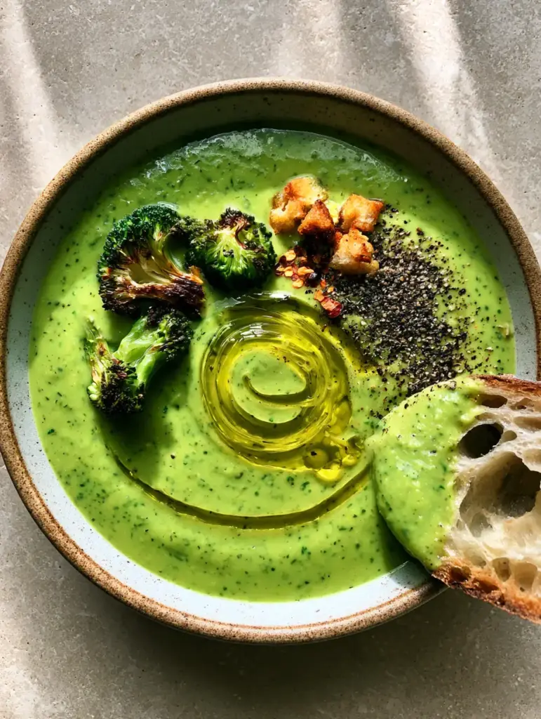 Close-up of charred broccoli florets and sourdough croutons resting on top of a vibrant green potato broccoli soup.