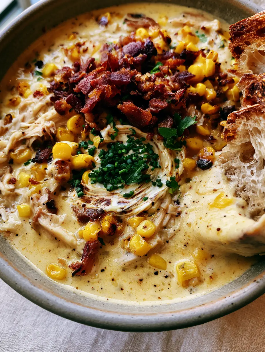 Top-down view of chicken corn chowder showing the thick velvety texture and bright yellow charred corn kernels.