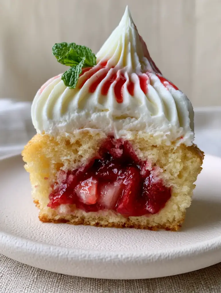 Close up view of the stiff whipped cream swirl and bright red strawberry syrup drizzle on Strawberry Shortcake cupcakes.