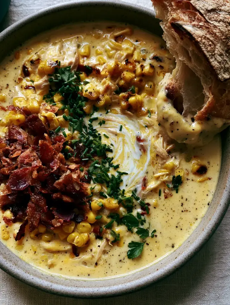 Sourdough bread being dipped into a thick bowl of chicken corn chowder with visible bacon and chives.