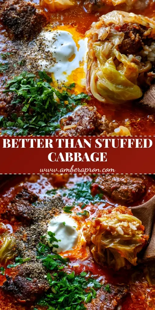 A rustic matte black Dutch oven filled with cabbage roll soup, featuring seared beef, translucent cabbage, and a sour cream swirl. (cabbage roll soup)