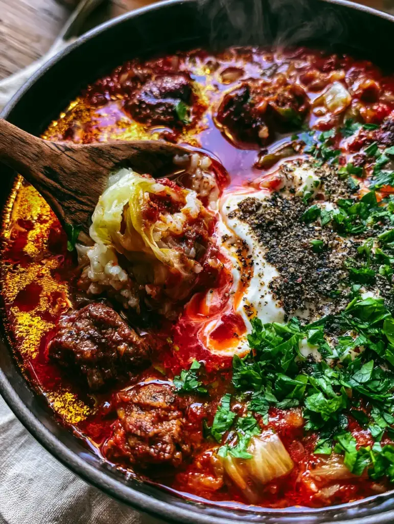 Close up shot of thick crimson tomato broth and seared beef chunks in a cabbage roll soup. (cabbage roll soup)