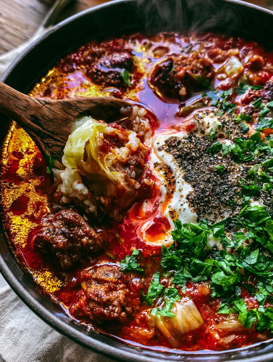 Close up shot of thick crimson tomato broth and seared beef chunks in a cabbage roll soup. (cabbage roll soup)