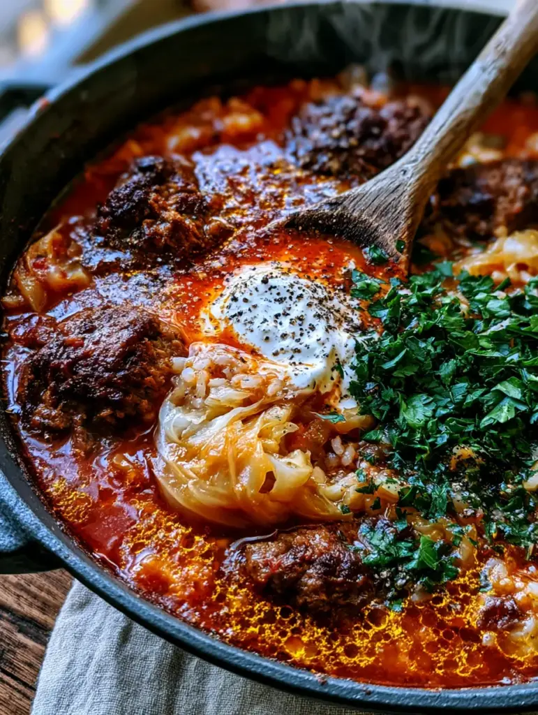 A wooden spoon lifting a heaping portion of tender cabbage and beef from a rustic Dutch oven.