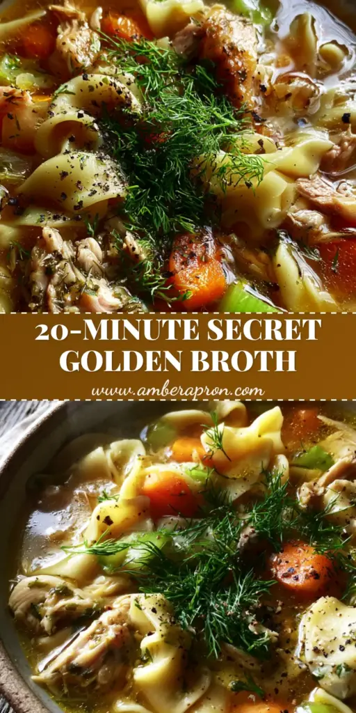 Vertical overhead shot of Chicken Noodle Soup in a rustic cream bowl with deep amber broth, wide noodles, and fresh dill sprigs.