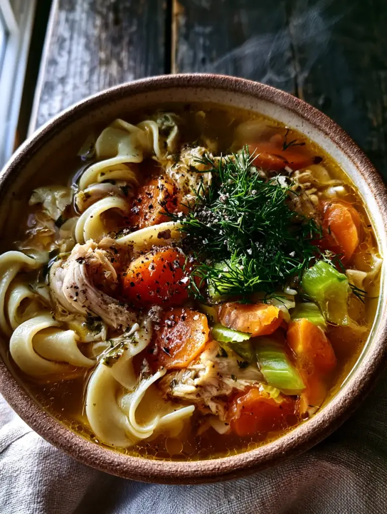 Top-down view of a ceramic bowl filled with Chicken Noodle Soup, featuring wide egg noodles and bright orange carrot coins on a dark wood table.