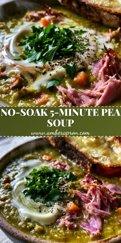 A top-down view of a vibrant olive-green split pea soup bowl with a heavy cream swirl and pink shredded ham. (split pea soup)