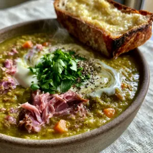 Close-up of rustic stoneware bowl with split pea soup, shredded ham, and a buttered sourdough slice. (split pea soup)
