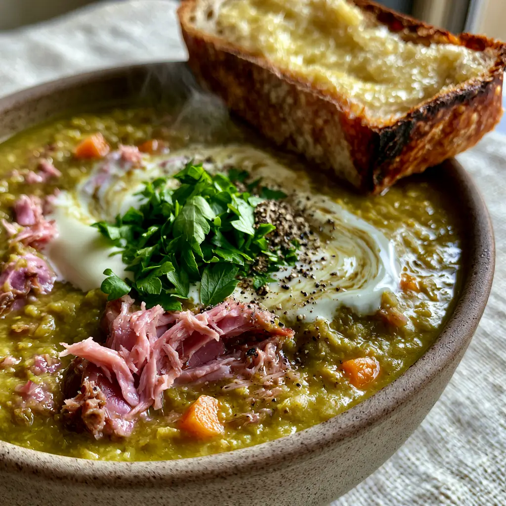 Close-up of rustic stoneware bowl with split pea soup, shredded ham, and a buttered sourdough slice. (split pea soup)