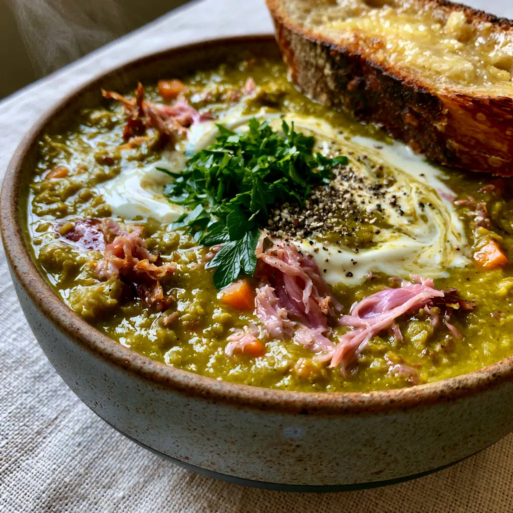 Close-up detail of soft diced carrots and shredded pink ham in a green split pea soup base.