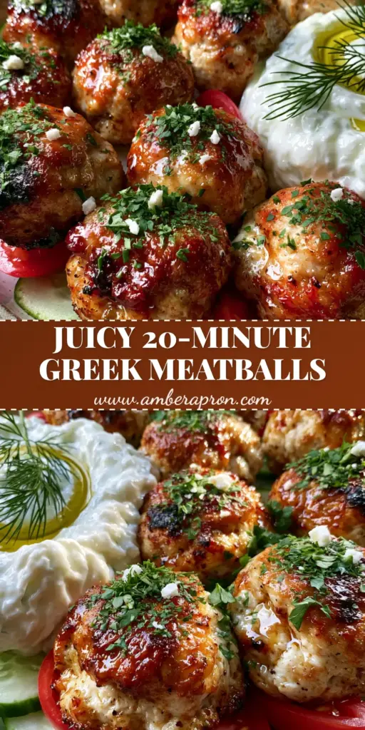 Mediterranean Chicken Meatballs with Creamy Tzatziki 3 A close-up vertical shot of eight seared Mediterranean Chicken Meatballs on a rustic ceramic plate with creamy tzatziki, feta, and fresh herbs.