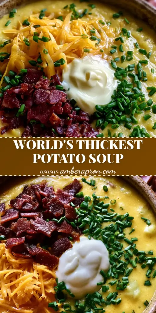 A close-up vertical shot of loaded potato soup in a rustic bowl topped with a mountain of cheddar, crispy bacon, and chives.