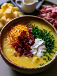 Top-down macro view of loaded potato soup showing the heavy velvety texture and melting sour cream dollop.