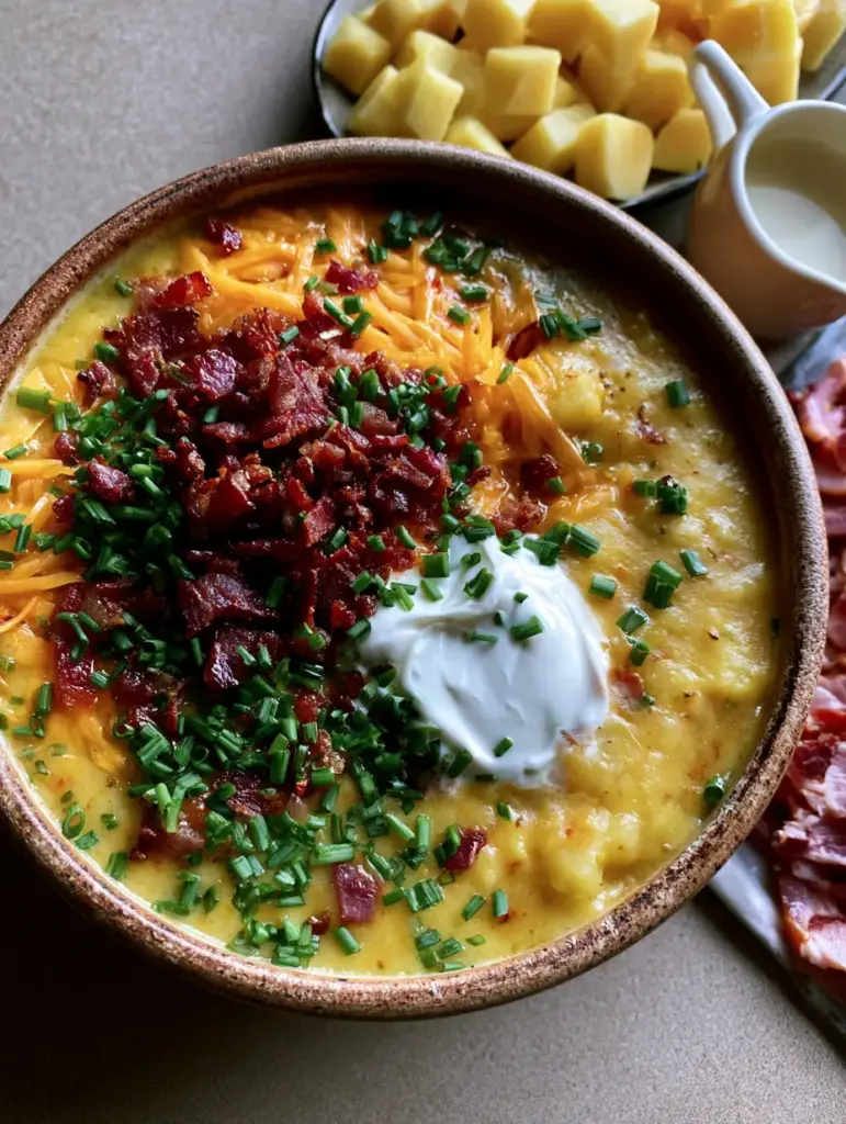 A split layout showing the raw cubed Yukon gold potatoes, heavy cream, and raw bacon next to a finished bowl of loaded potato soup.