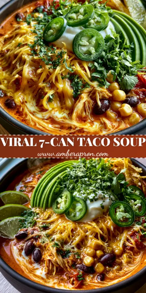 A close-up vertical shot of a creamy taco soup recipe garnished with avocado slices, tortilla strips, and melting cheese in a black bowl.
