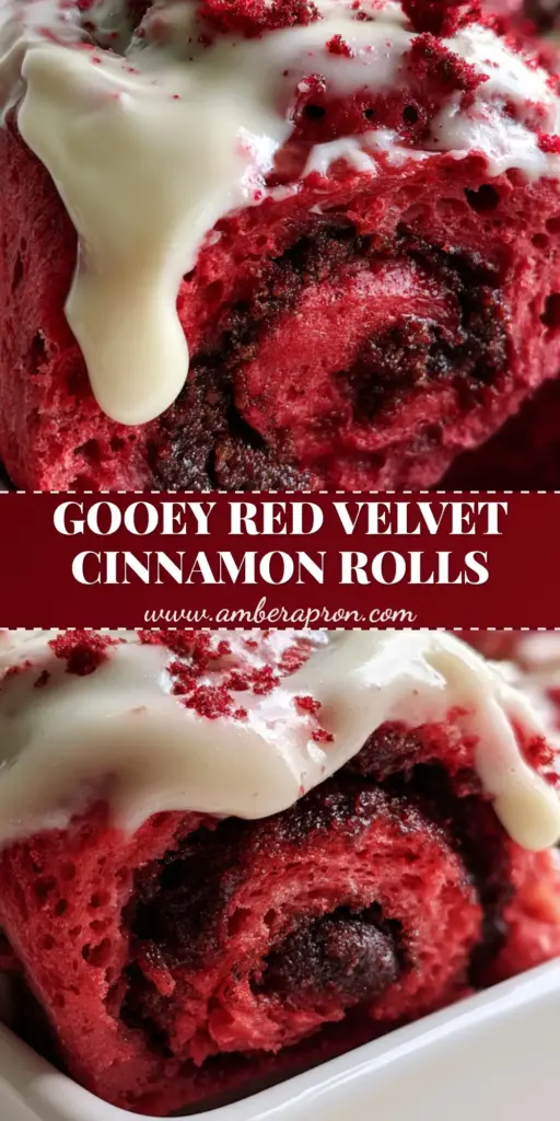 A close-up of a warm red velvet cinnamon roll being pulled away from a batch with dripping white cream cheese glaze and cake crumbs. (red velvet cinnamon rolls)