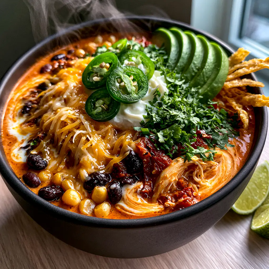 Top-down view of a matte black ceramic bowl filled with creamy taco soup recipe showing steam and fresh cilantro.