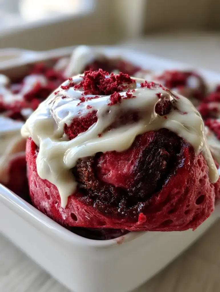 Eye-level view of vibrant crimson cinnamon rolls in a white baking dish with melting ivory glaze. (red velvet cinnamon rolls)