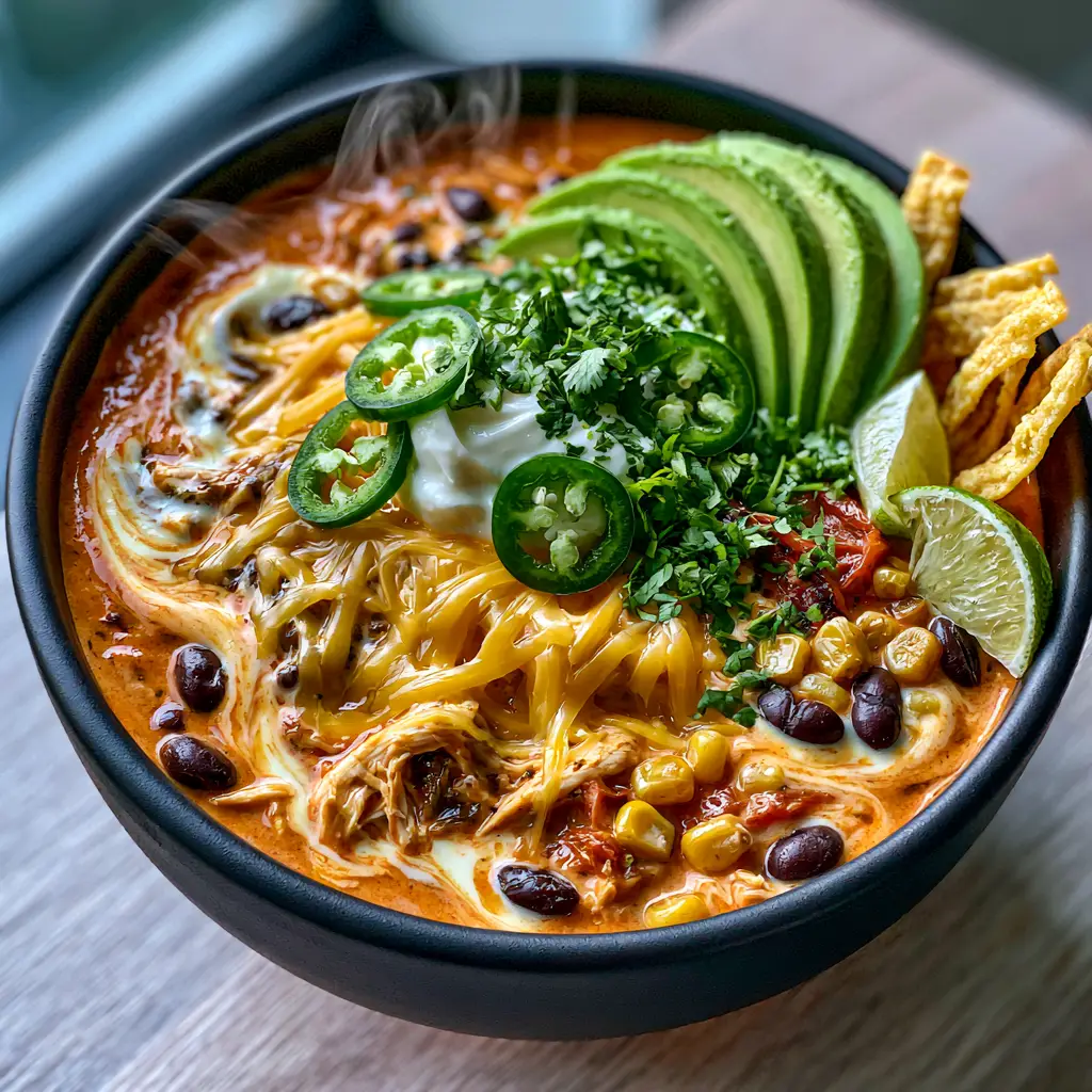 Slightly angled shot of taco soup recipe with a dollop of sour cream and ripe avocado slices.