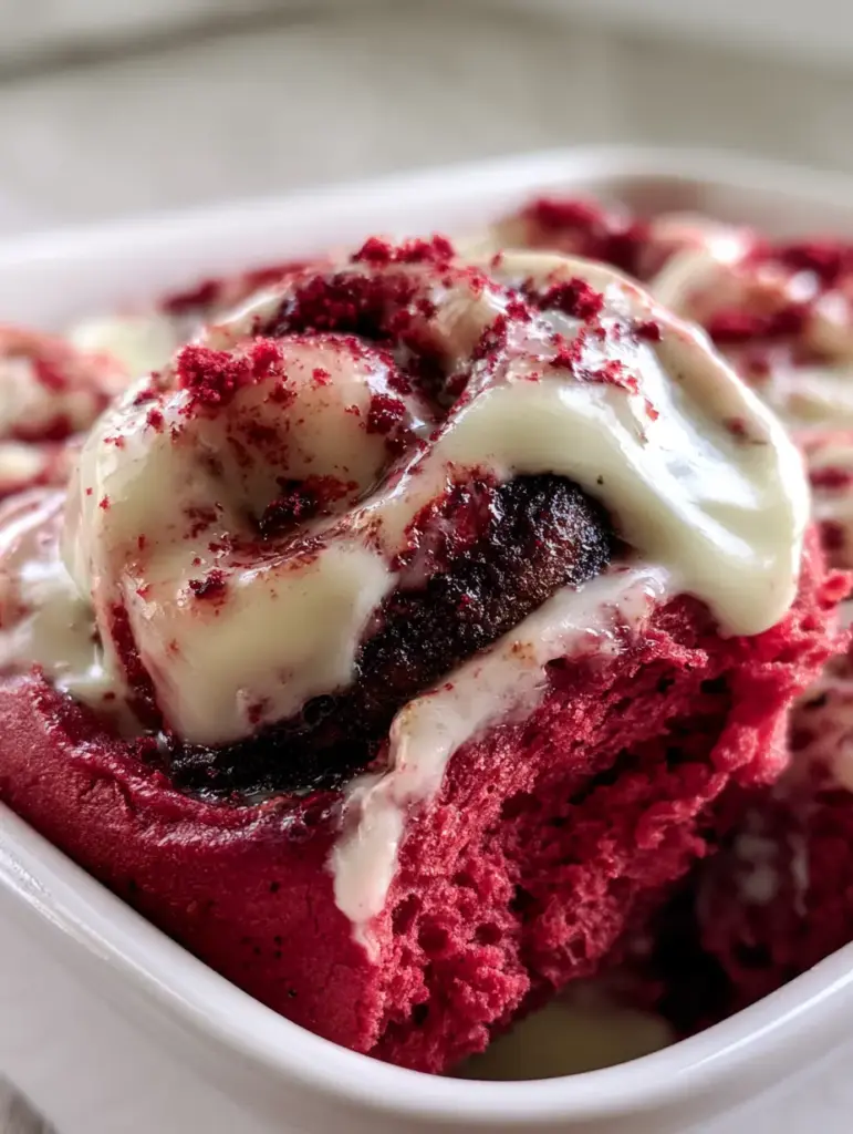 Close-up of the thick dark cocoa and cinnamon sugar swirls inside a red velvet cinnamon roll.